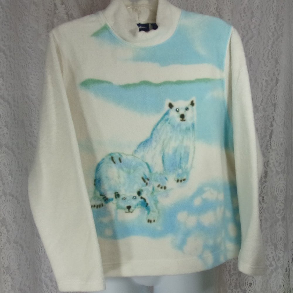 Catalina Polar Bear Fleece Sweater Top Winter White Blue Bling Stone Eyes